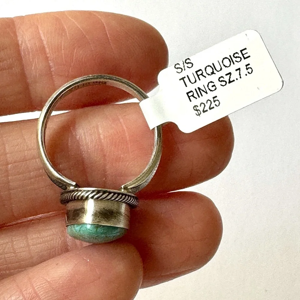 Navajo Turquoise Ring Sz 7.5 Signed Skeets Sterling‎ Native American Handmade